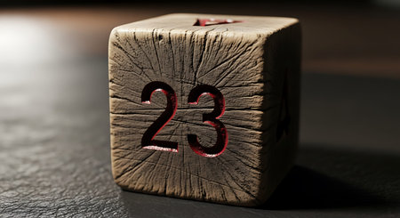 Macro shot of single square wood cube with engraved number 23 showing weathered bark texture and...