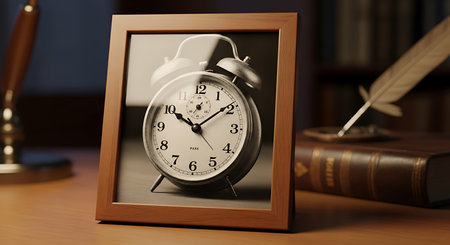Vintage alarm clock with Roman numerals displayed in a wooden frame on a desk, accompanied by a...