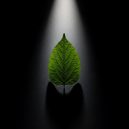 Crisp green leaf stands vertically, casting a subtle shadow on dark, minimalist background. A...
