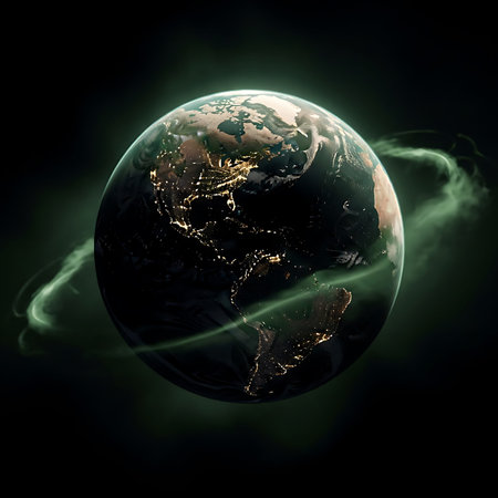 Earth viewed from space at night, glowing with urban lights, surrounded by a luminous green gaseous...