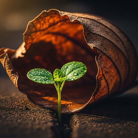 Small sprout emerging from dark soil. Dry brown leaf shelter. Dew drops on leaves. Growth in harsh...