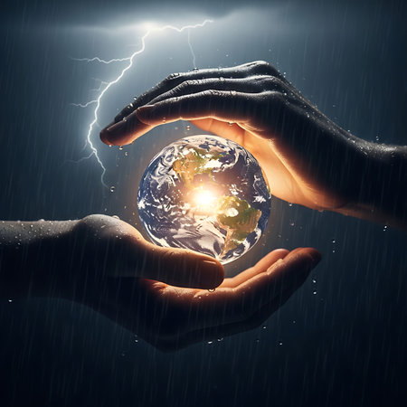 Pair of human hands gently cradles a glowing earth globe, set against a dramatic backdrop of rain...