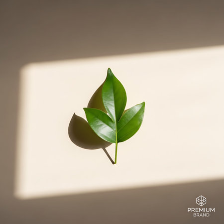Fresh vibrant green plant leaf with distinctive three-lobed shape, delicately placed on clean light...