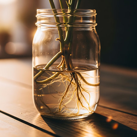 Detailed view of plant root development inside glass jar filled with water warm golden hour sunlight illuminating root structures rustic wooden table surface indoor gardening propagation project cozy home atmosphere botanical macro photographyの写真素材