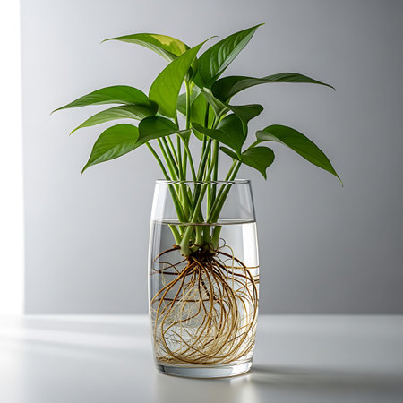 Lush green pothos plant suspended in water within tall clear glass, intricate root system visible,...
