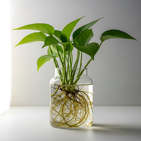 Indoor home decoration featuring vibrant green aquatic plant with intricate root system visible...