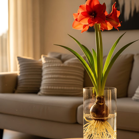 Radiant red amaryllis flower with lush green leaves and exposed bulb roots in clear glass vase,...