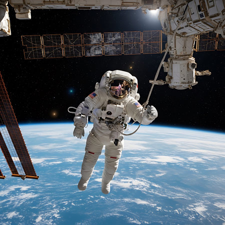 Spacewalk outside ISS, astronaut in full suit, tethered, overlooking vibrant blue planet Earth....