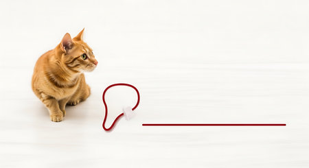 Cute orange domestic cat curious about simple drawing on bright studio floor. Conceptual pet...