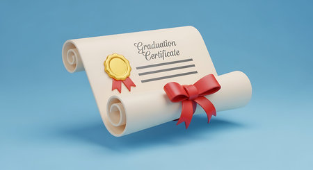 Official diploma document, award of achievement, and proof of graduation. Symbol of accomplishment and higher education.