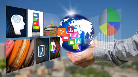 businessman with financial symbols  from hand