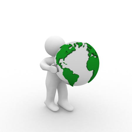3d white man  holding green globeの写真素材