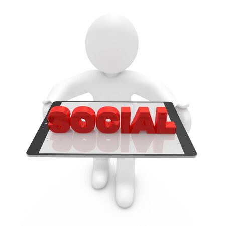 white man ,hold  social   word 3d  , tablet illustrationの写真素材
