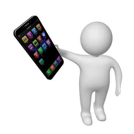 3d white man with mobile phone  on white background,cell phone illustrationの写真素材