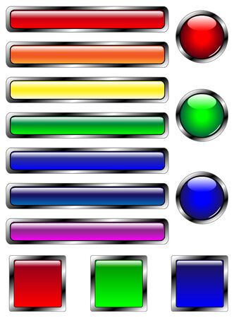 13 multicolored web buttons in circular, square, and bar shapes.のイラスト素材