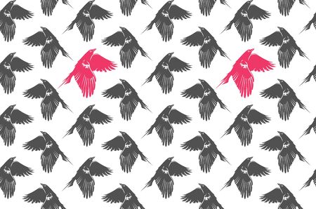 Grey-pink pattern with flying crowsのイラスト素材