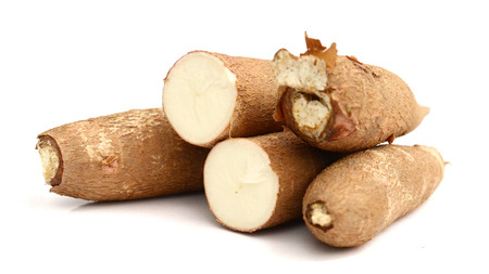 sectioned yuca isolated on whiteの写真素材