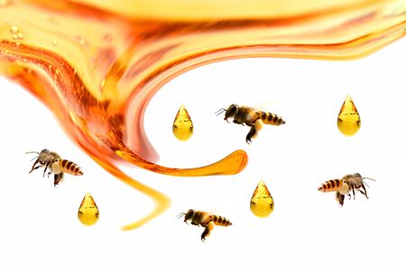 honey pouring into wooden spoonの写真素材