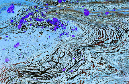 Blue and gold liquid texture. Hand drawn marbling background. Ink marble abstract pattern. Backdrop,...