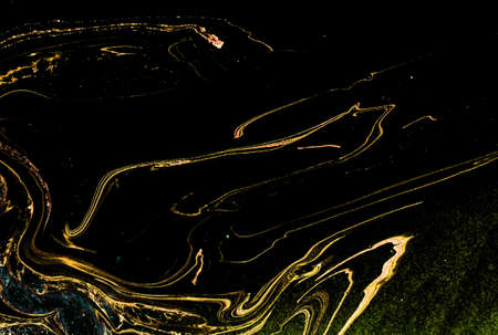 Blue, green and gold liquid texture. Hand drawn marbling background. Ink marble abstract pattern