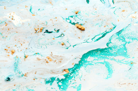 Blue and white abstract acrylic background. Marbling artwork texture. Agate ripple pattern. Gold...