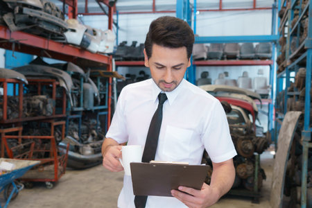 Caucasian business manager stand to work seriously and analyze report  in factory-warehouseの写真素材