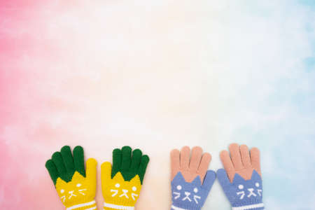 Represent family scene of son and daughter at bottom with colorful background. Represent son and daughter by unbranded glovesの写真素材