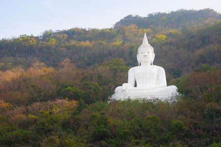 elegant art white buddha in autumn forest on mountain. Asian ancient white art Buddha statues in Thailand look peaceful for Buddhism monks and tourists.の写真素材