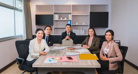 manager, man and women worker happy and look forward in business team meeting, leadership...