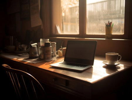 Laptop and coffee cup on wooden table in coffee shop. Dark toneの素材