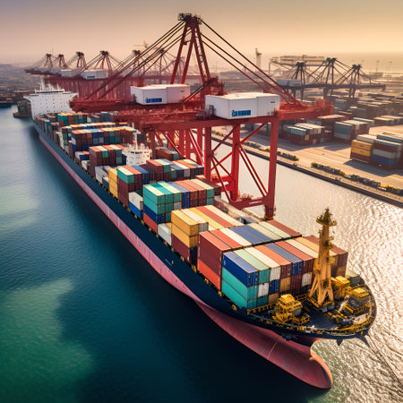 Container Cargo freight ship with working crane bridge for Logistic Import Export backgroundの素材