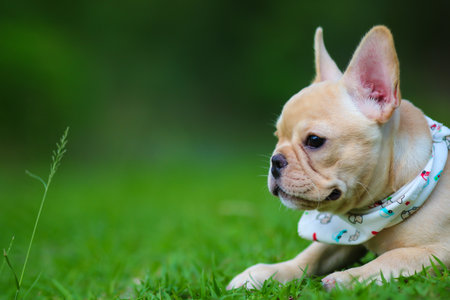 Cute French bulldog playing on green fieldの写真素材