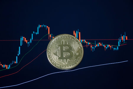 Bitcoin with market stock graph background. Crypto digital finance concept.の写真素材