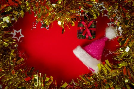 Red Christmas, gilf box and New Year Holidays background with copy spaceの写真素材