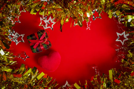 Red Christmas, gilf box and New Year Holidays background with copy spaceの写真素材