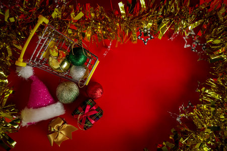 Red Christmas, gilf box and New Year Holidays background with copy spaceの写真素材