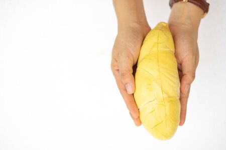 Beautiful yellow durian, ready to eat in the hands of consumers. on the white Background.の写真素材
