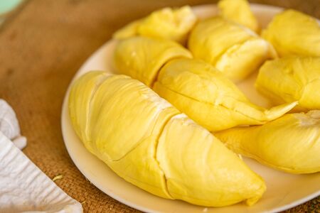 Beautiful yellow durian, ready to eat in the hands of consumers.の写真素材