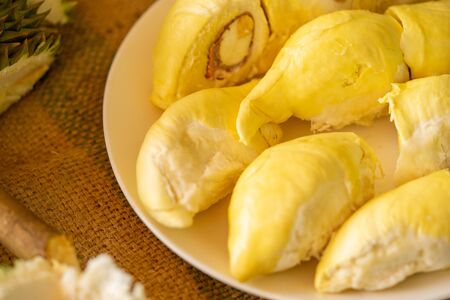 Beautiful yellow durian, ready to eat in the hands of consumers.の写真素材