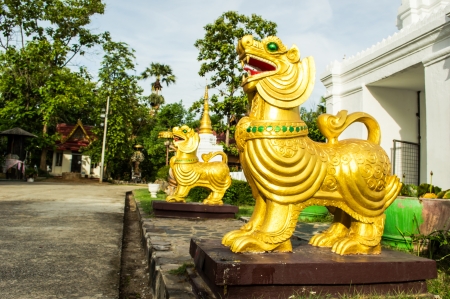 Singh statue in a temple in northern Thailand の写真素材