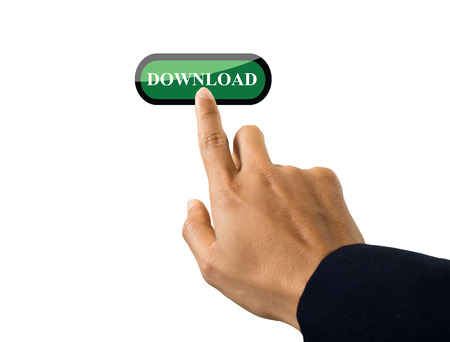 hand of business man pushing a button on a touch screen interface on download buttonの写真素材