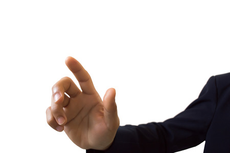 businessman hand pushing screen on white backgroundの写真素材