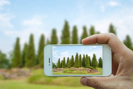 Hand holding smart phone with garden spring green blur background