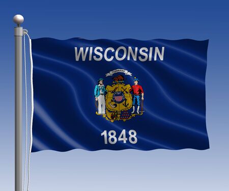 Wisconsin flag in pole on blue sky backgroundの写真素材