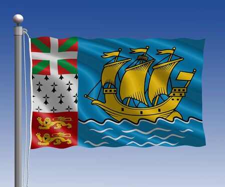 Saint Pierre and Miquelon flag in pole on blue sky backgroundの写真素材