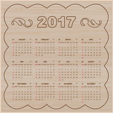 calendar 2017 year on wooden boards. Week starts with Sunday.のイラスト素材