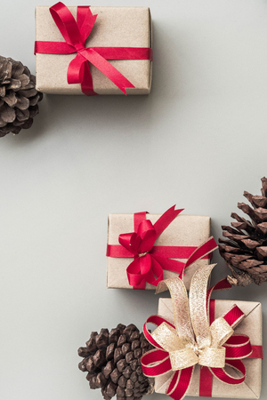 Gifts for special moments flat lay with copy space on gray backgroundの写真素材