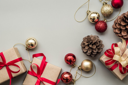 Gifts for special moments flat lay with copy space on gray backgroundの写真素材