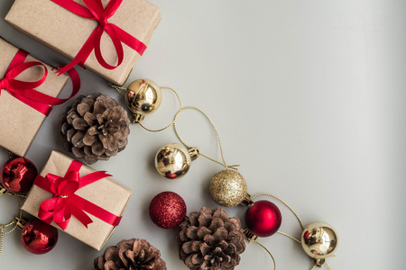 Gifts for special moments flat lay with copy space on gray backgroundの写真素材