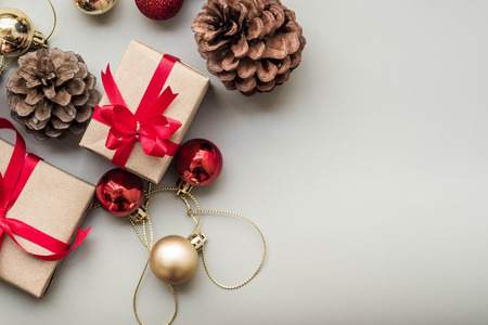 Gifts for special moments flat lay with copy space on gray backgroundの写真素材